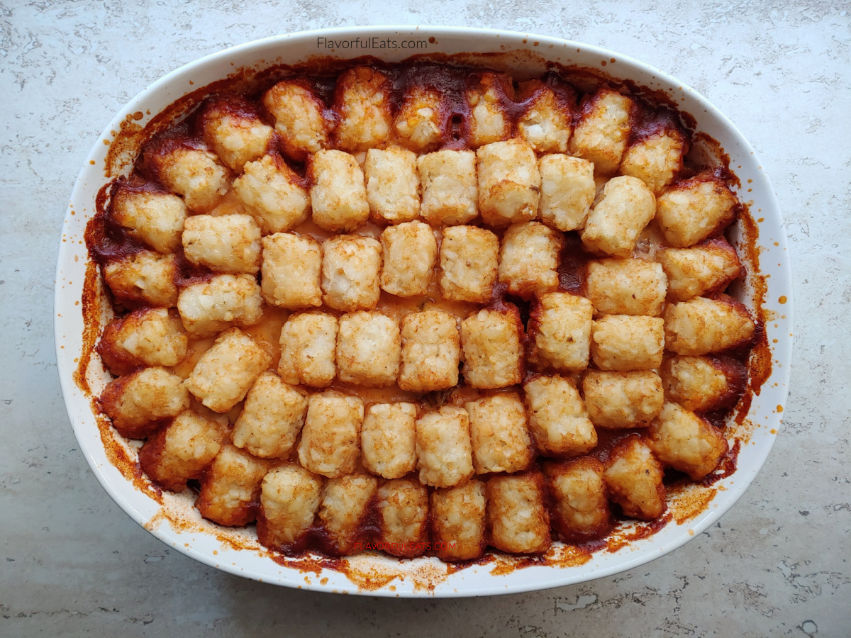 Tater Tot Chili Casserole after it's come out of the oven. The top of the tater tots are golden and crispy.