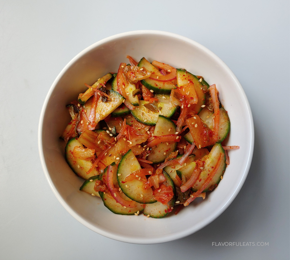 Kimchi Cucumber Salad in a white bowl