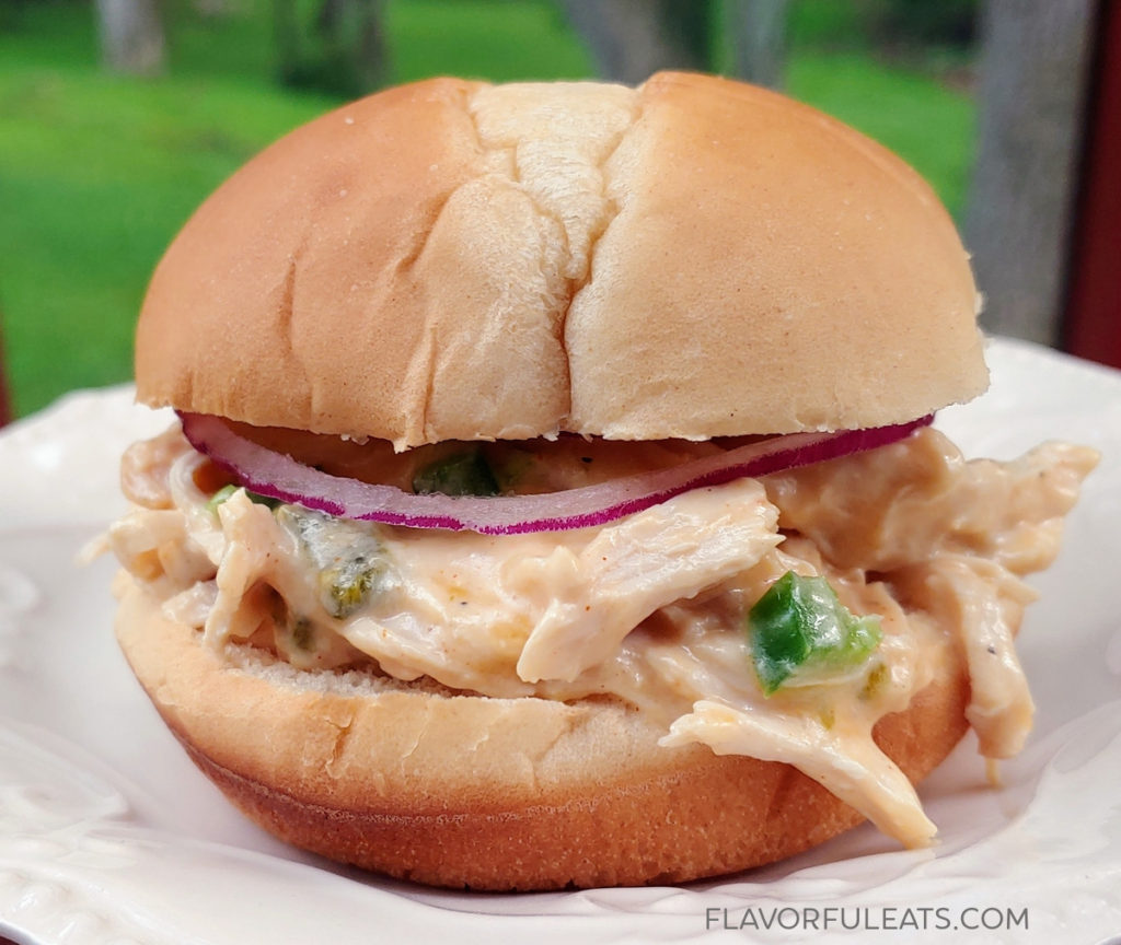Slow Cooker Jalapeno Popper Chicken on a bun for sandwiches