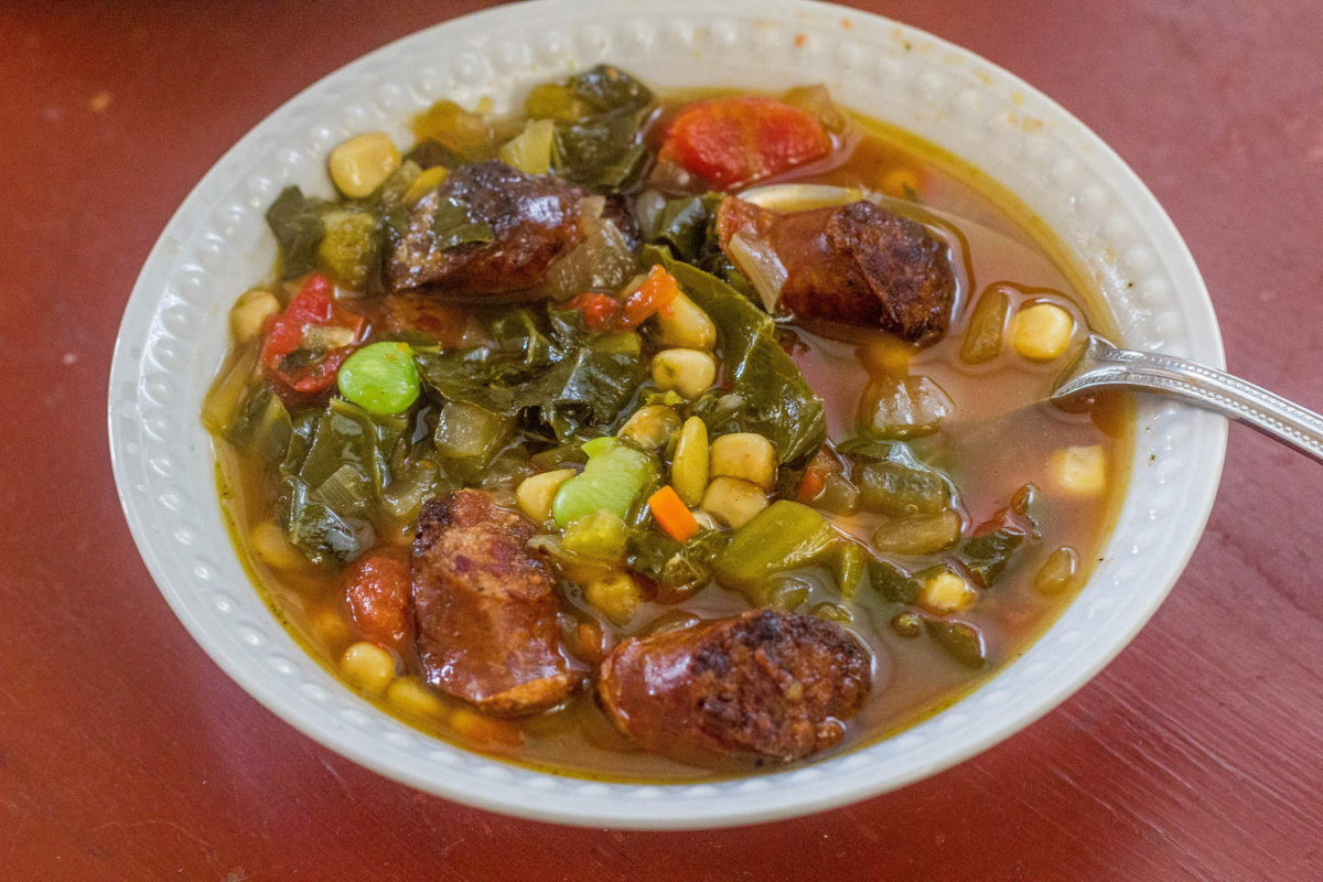 Slow Cooker Sausage and Succotash Soup with Collards