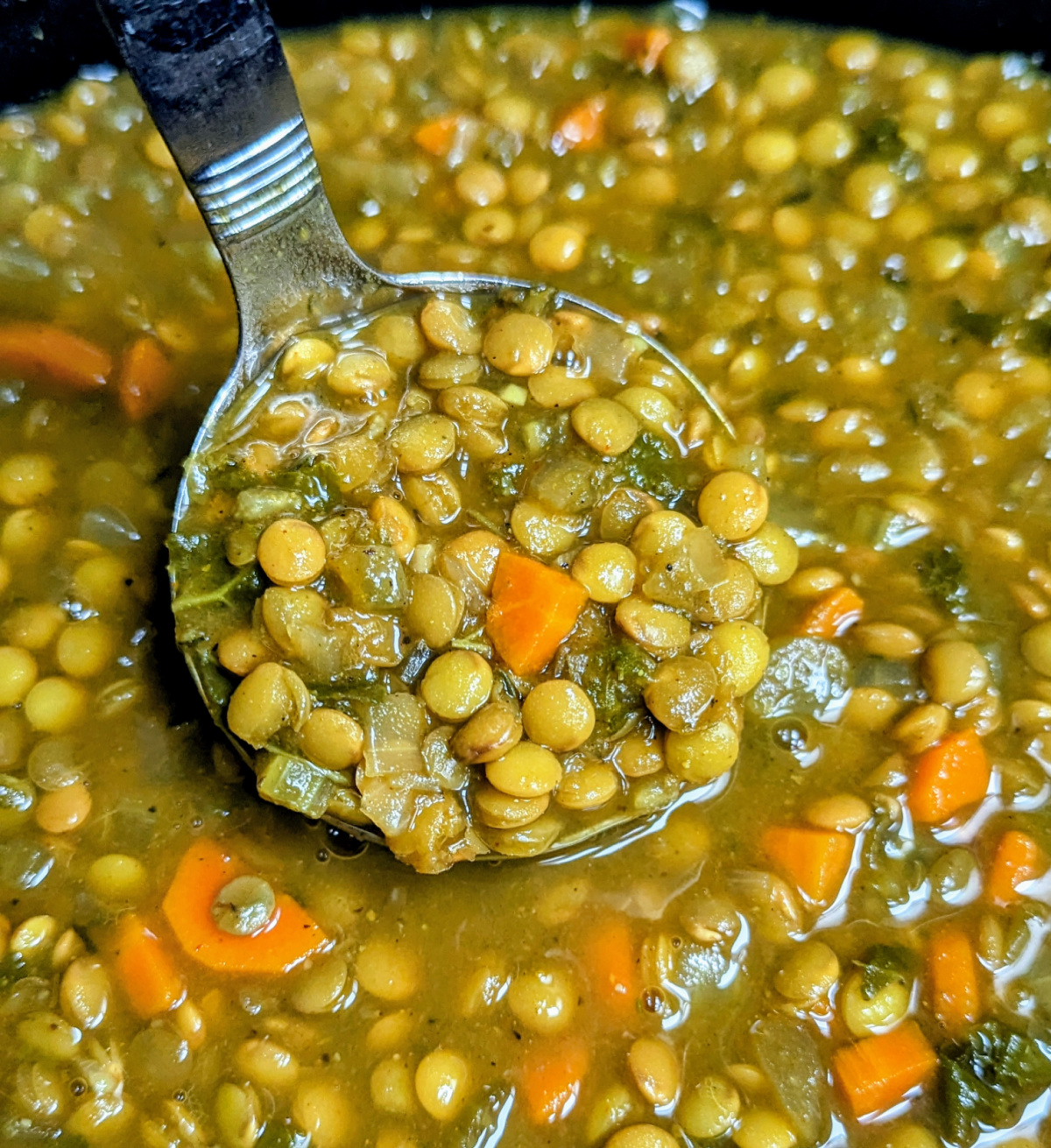 A ladle full of Slow Cooker Curried Lentil Soup